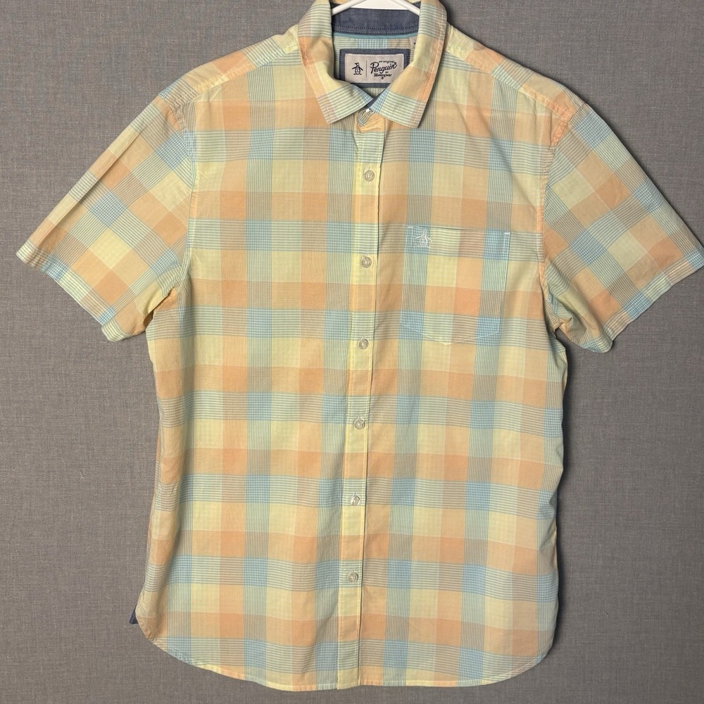 Mens Penguin Summer Plaid Short Sleeve Shirt Pastel Button Up Peach Blue Medium